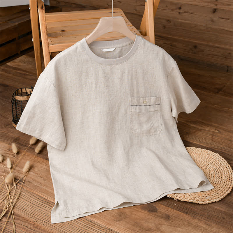 Buddha Stones T-shirts d'été minimalistes et décontractés pour hommes, à manches courtes et poches plaquées. - Lin - US/UK/AU42，EU52 (3XL) - image 0