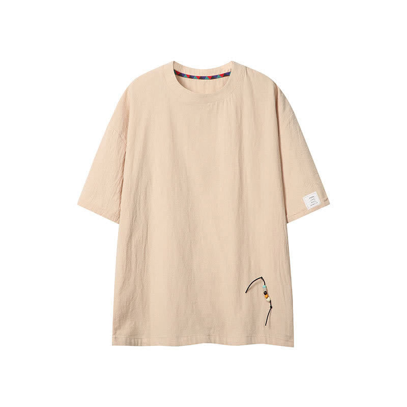 Buddha Stones T-shirts d'été décontractés de style bohème avec cordon de serrage, manches courtes, unis, pour hommes - Beige - US/UK/AU46, EU56 (5XL) - image 0
