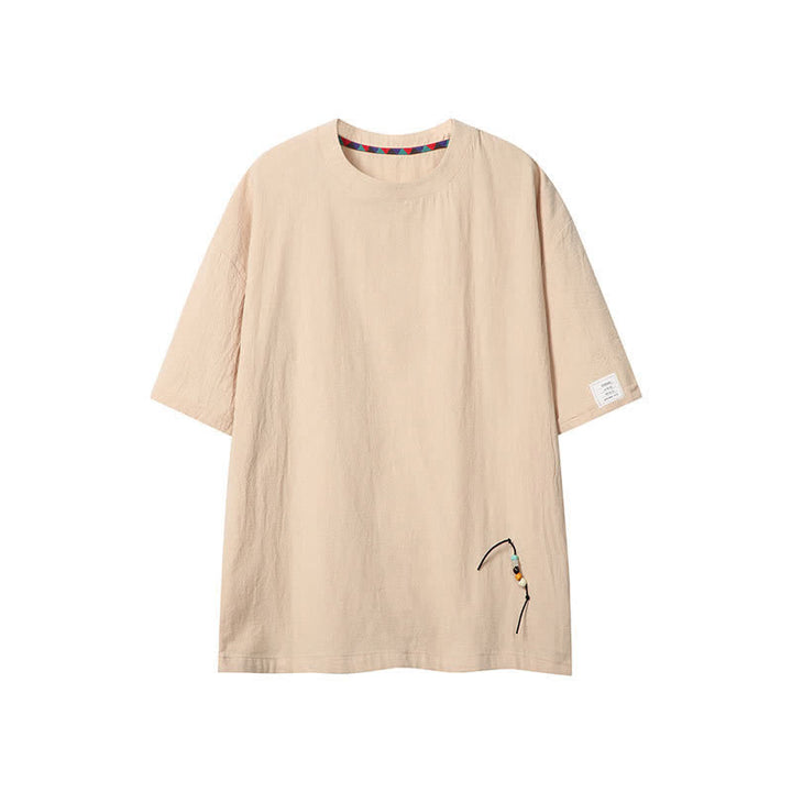 Buddha Stones T-shirts d'été décontractés de style bohème avec cordon de serrage, manches courtes, unis, pour hommes - Beige - US/UK/AU46, EU56 (5XL) - image 0