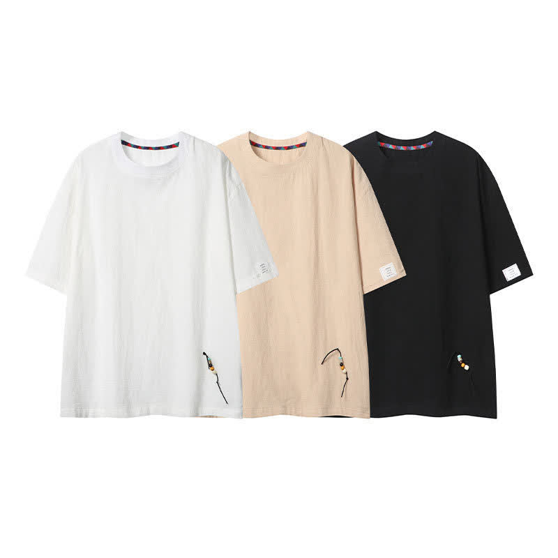 Buddha Stones T-shirts d'été décontractés de style bohème avec cordon de serrage, manches courtes, unis, pour hommes - image 16