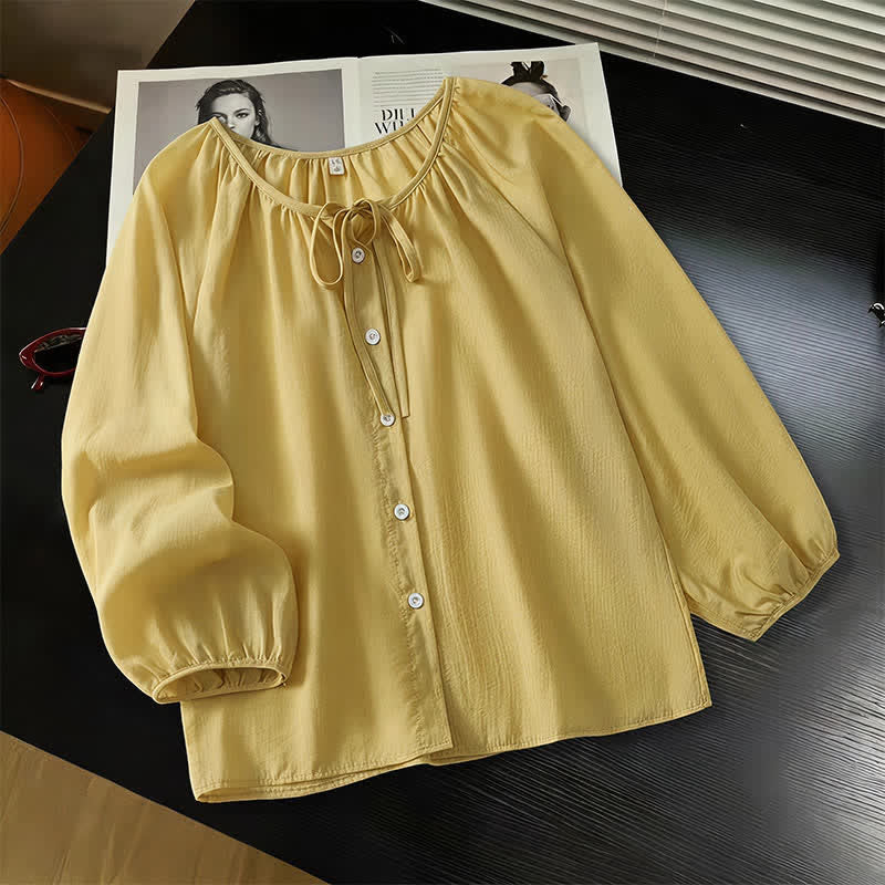 Buddha Stones Chemises à manches longues pour femmes, style bohème décontracté, col rond, cordon de serrage et boutons, unies, printemps-été - Kaki foncé - US8-10, UK/AU12-14, EU40-42 (2XL) - image 0