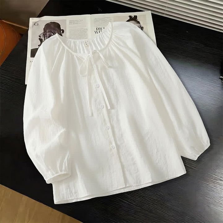 Buddha Stones Chemises à manches longues pour femmes, style bohème décontracté, col rond, cordon de serrage et boutons, unies, printemps-été - Blanc - US8-10, UK/AU12-14, EU40-42 (2XL) - image 3