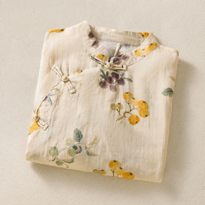Buddha Stones Chemises à manches courtes pour femmes, style Tang, vintage, col mandarin, motif floral Loquat et myrte de Chine - image 2