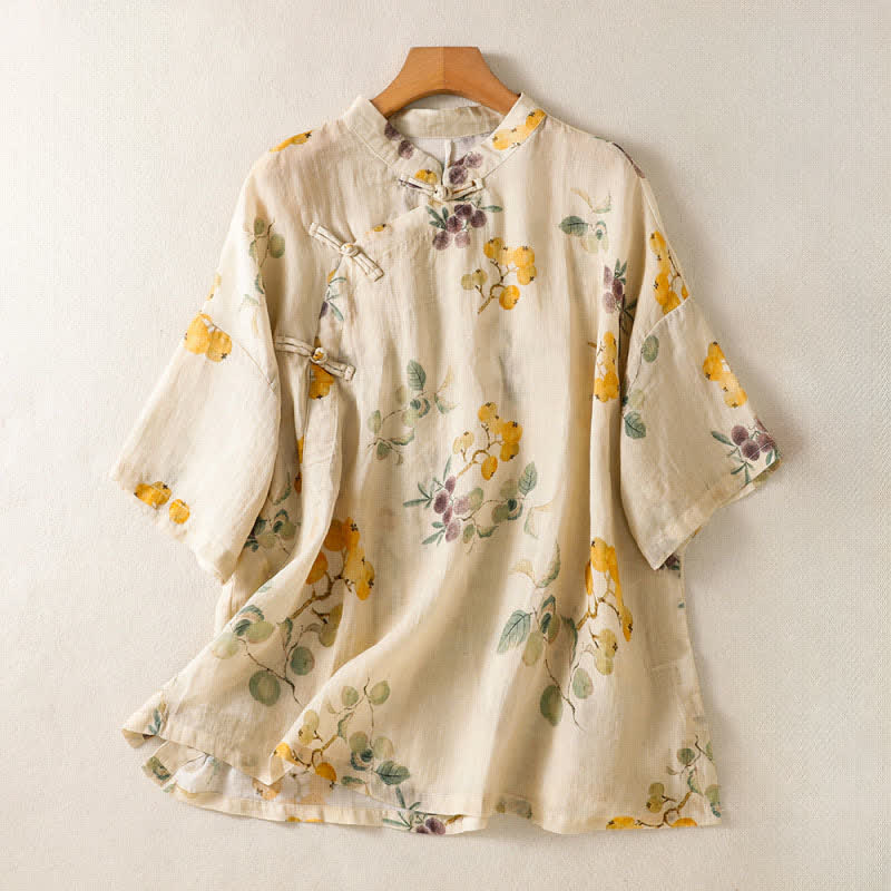 Buddha Stones Chemises à manches courtes pour femmes, style Tang, vintage, col mandarin, motif floral Loquat et myrte de Chine - Blanc antique - US8-10, UK/AU12-14, EU40-42 (2XL) - image 0