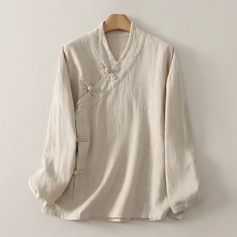Buddha Stones Chemises à manches longues pour femmes, style Tang minimaliste, col en V, boutons brandebourg, couleur unie, printemps-été - Beige - US12, UK/AU16, EU44 (3XL) - image 0