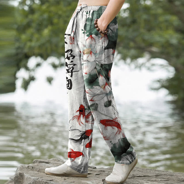 Buddha Stones Pantalon fuselé pour homme en coton avec poches, motif de carpes koï et lotus délavé à l'encre - image 1