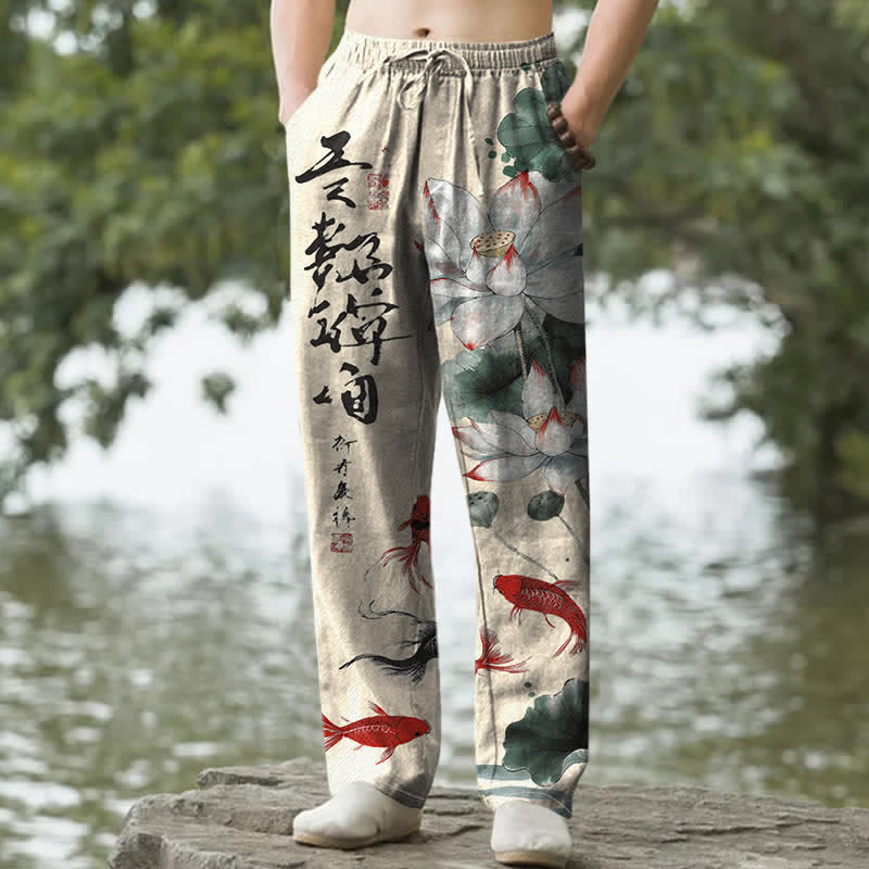 Buddha Stones Pantalon fuselé pour homme en coton avec poches, motif de carpes koï et lotus délavé à l'encre - Blé - US/UK/AU50，EU60 (5XL) - image 4