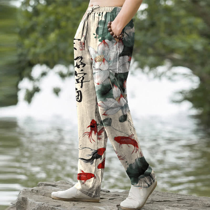 Buddha Stones Pantalon fuselé pour homme en coton avec poches, motif de carpes koï et lotus délavé à l'encre - image 5