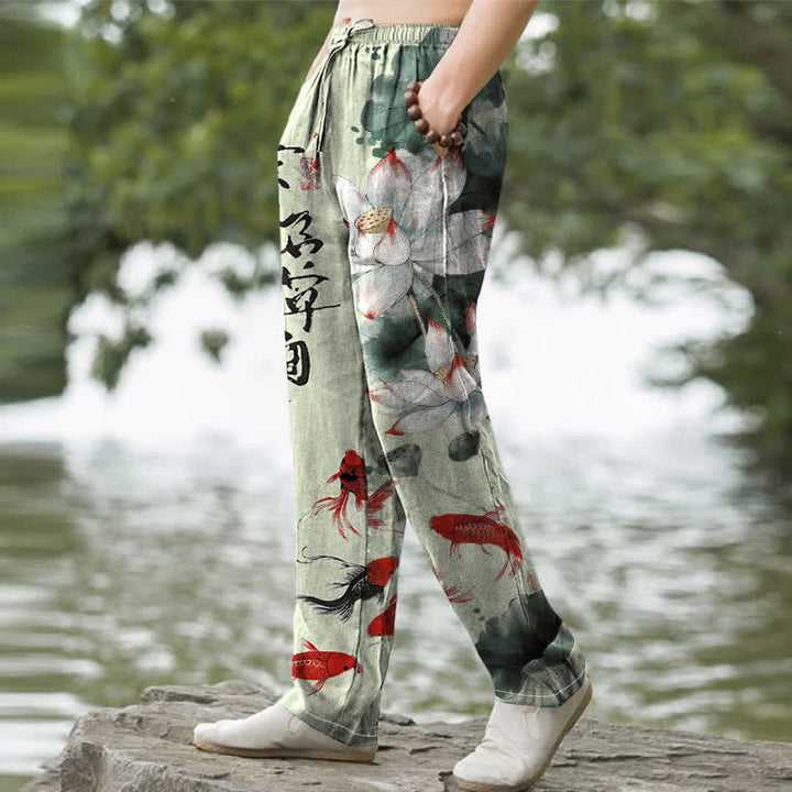 Buddha Stones Pantalon fuselé pour homme en coton avec poches, motif de carpes koï et lotus délavé à l'encre - image 7