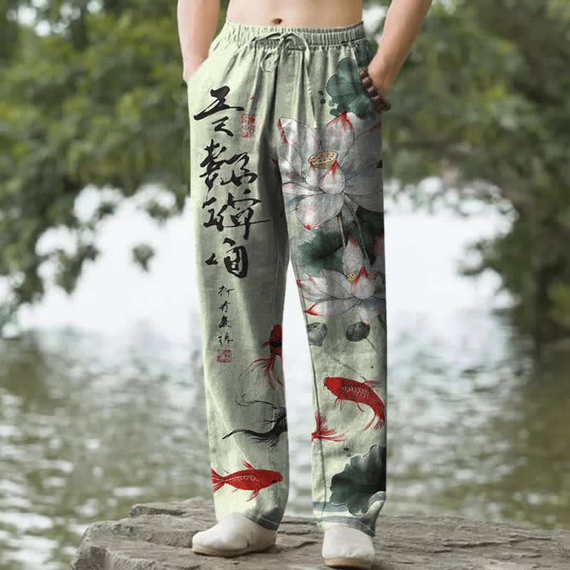 Buddha Stones Pantalon fuselé pour homme en coton avec poches, motif de carpes koï et lotus délavé à l'encre - Vert clair - US/UK/AU50，EU60 (5XL) - image 6