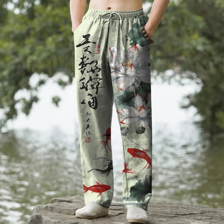 Buddha Stones Pantalon fuselé pour homme en coton avec poches, motif de carpes koï et lotus délavé à l'encre - Vert clair - US/UK/AU50，EU60 (5XL) - image 6