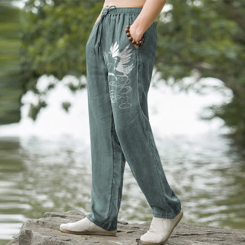 Buddha Stones Pantalon fuselé pour homme en coton blanc à motif de vagues et grues, avec poches - image 1