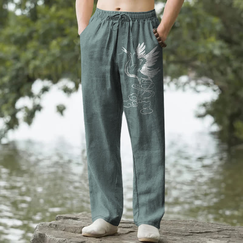 Buddha Stones Pantalon fuselé pour homme en coton blanc à motif de vagues et grues, avec poches - CadetBlue - US/UK/AU50，EU60 (5XL) - image 0