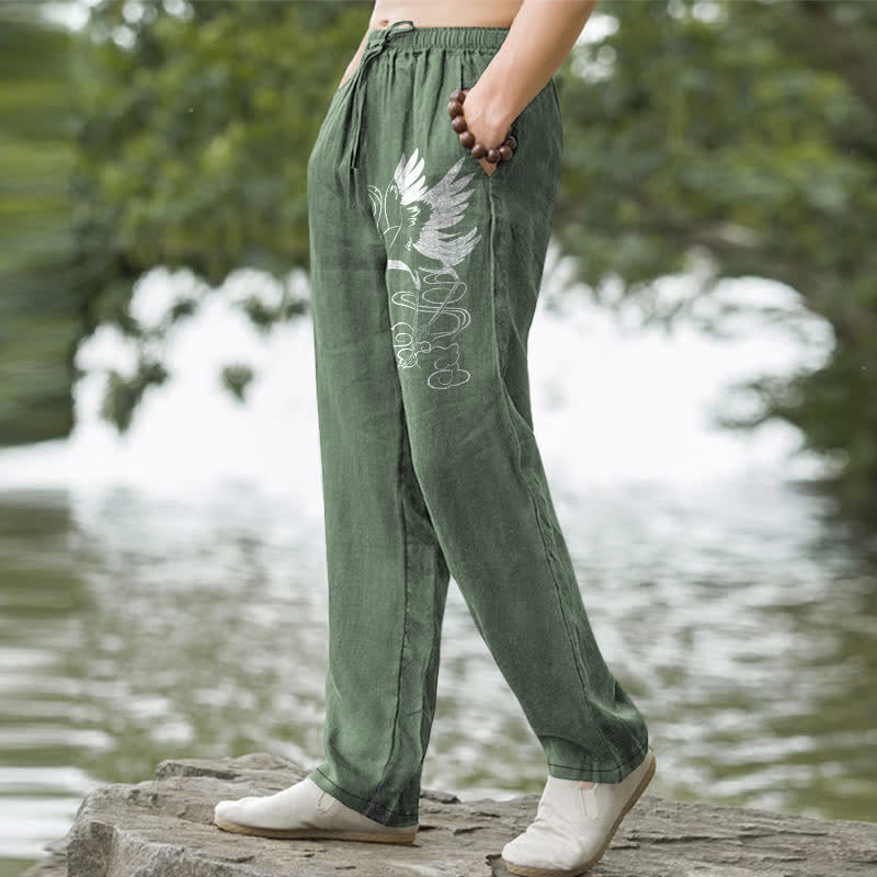Buddha Stones Pantalon fuselé pour homme en coton blanc à motif de vagues et grues, avec poches - image 5