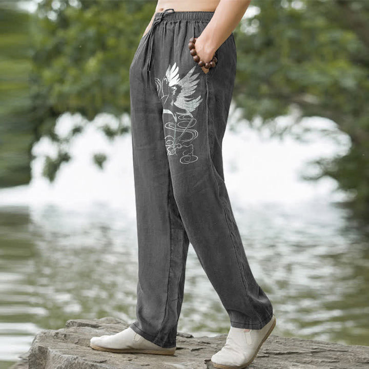 Buddha Stones Pantalon fuselé pour homme en coton blanc à motif de vagues et grues, avec poches - image 7