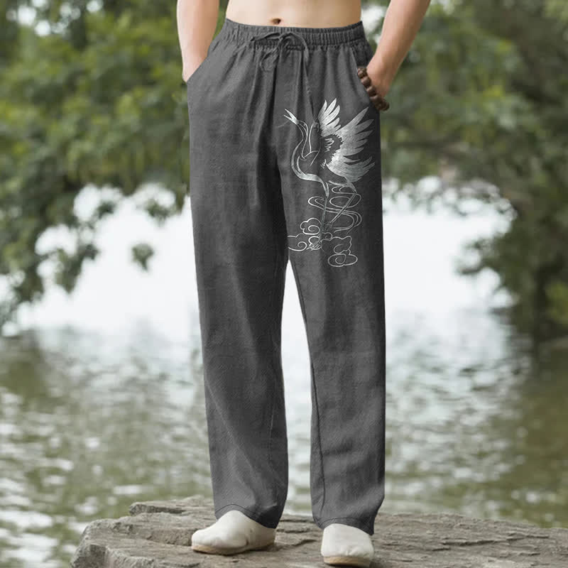 Buddha Stones Pantalon fuselé pour homme en coton blanc à motif de vagues et grues, avec poches - Gris sombre - US/UK/AU50，EU60 (5XL) - image 6