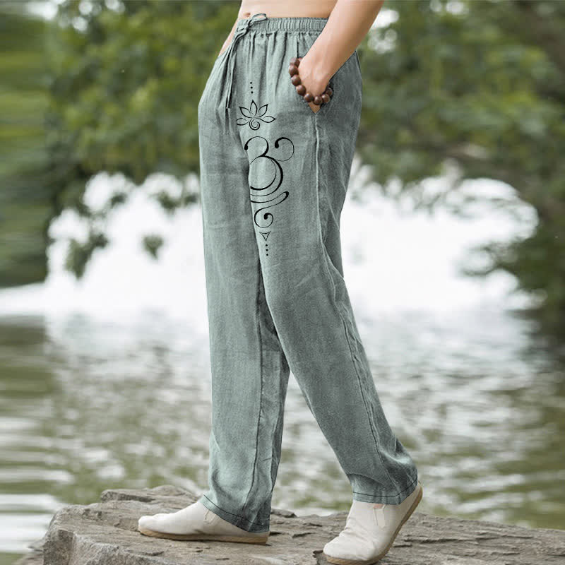 Buddha Stones Pantalon fuselé pour homme en coton à motif lotus zen om et poches - image 1