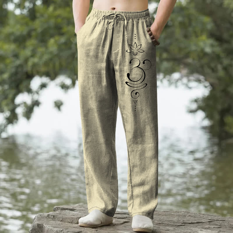 Buddha Stones Pantalon fuselé pour homme en coton à motif lotus zen om et poches - Kaki - US/UK/AU50，EU60 (5XL) - image 6