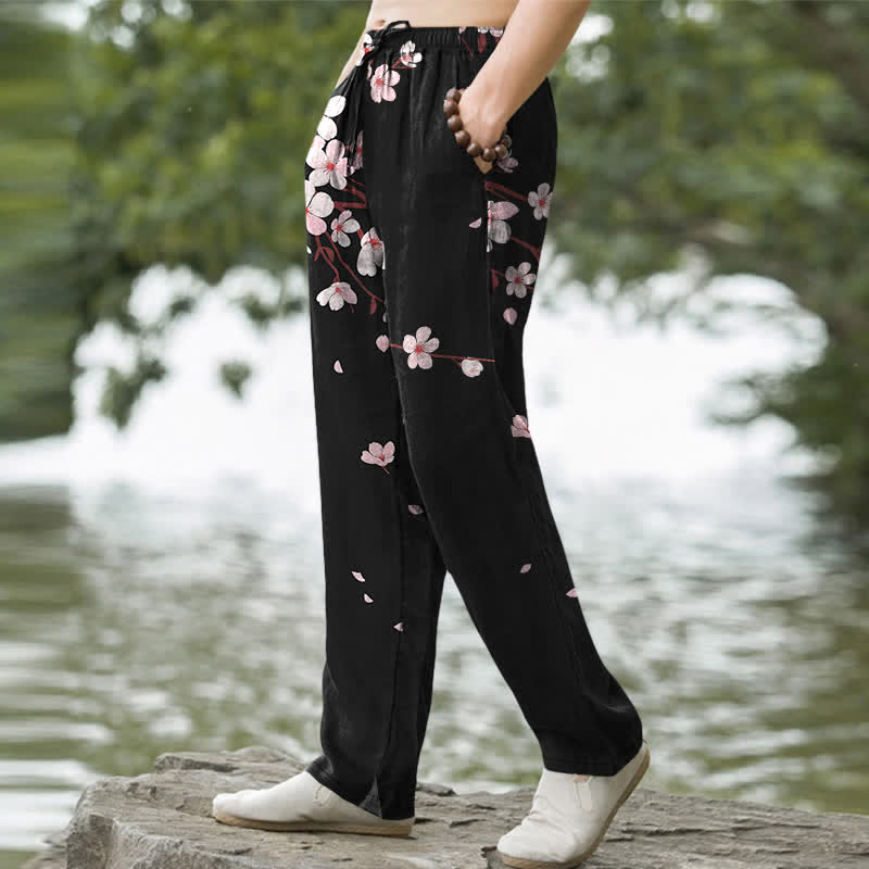 Buddha Stones Pantalon fuselé pour homme en coton rose à motif de fleurs de cerisier et poches - image 1