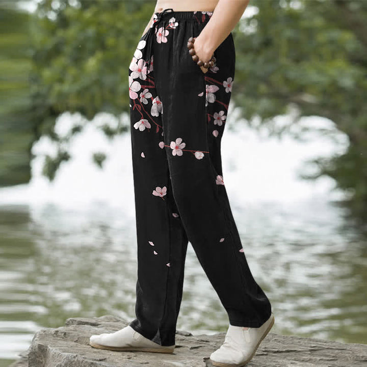 Buddha Stones Pantalon fuselé pour homme en coton rose à motif de fleurs de cerisier et poches - image 1