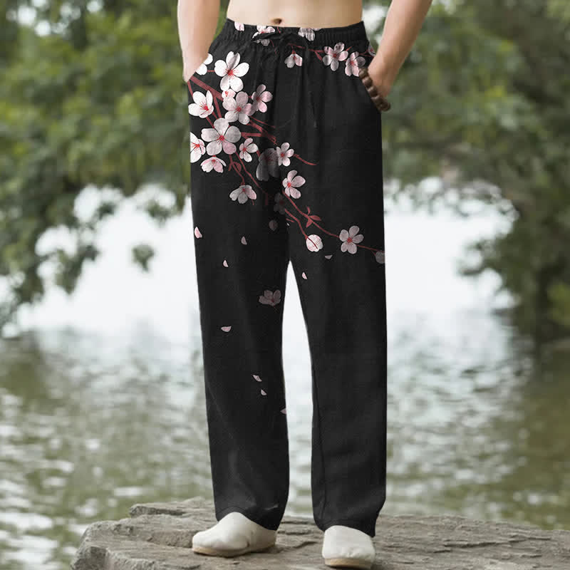 Buddha Stones Pantalon fuselé pour homme en coton rose à motif de fleurs de cerisier et poches - Noir - US/UK/AU50，EU60 (5XL) - image 0
