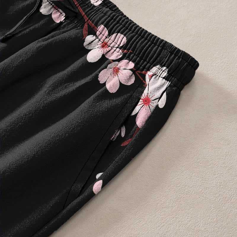 Buddha Stones Pantalon fuselé pour homme en coton rose à motif de fleurs de cerisier et poches - image 2