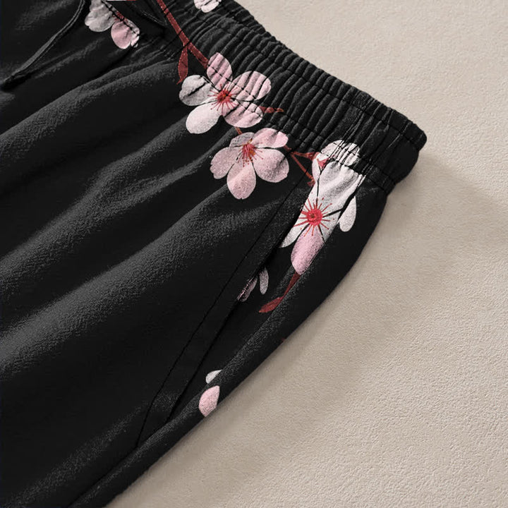 Buddha Stones Pantalon fuselé pour homme en coton rose à motif de fleurs de cerisier et poches - image 2