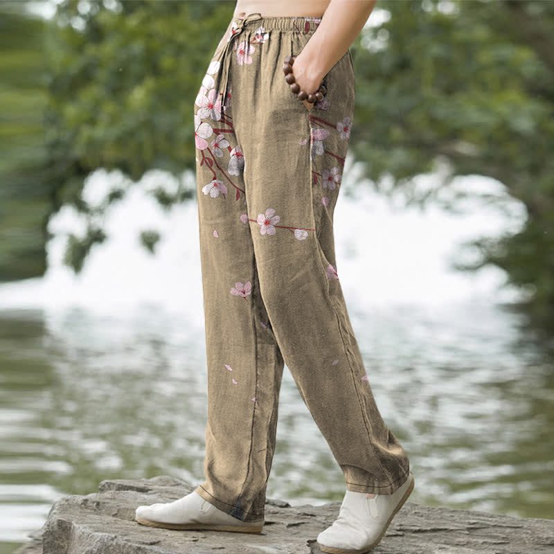 Buddha Stones Pantalon fuselé pour homme en coton rose à motif de fleurs de cerisier et poches - image 5