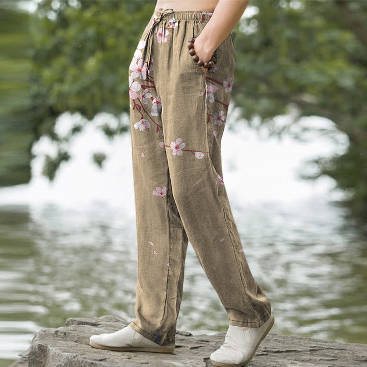 Buddha Stones Pantalon fuselé pour homme en coton rose à motif de fleurs de cerisier et poches - image 5