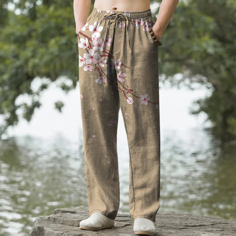 Buddha Stones Pantalon fuselé pour homme en coton rose à motif de fleurs de cerisier et poches - Kaki foncé - US/UK/AU50，EU60 (5XL) - image 4