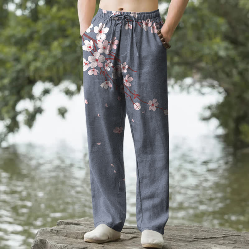 Buddha Stones Pantalon fuselé pour homme en coton rose à motif de fleurs de cerisier et poches - Gris ardoise - US/UK/AU50，EU60 (5XL) - image 6