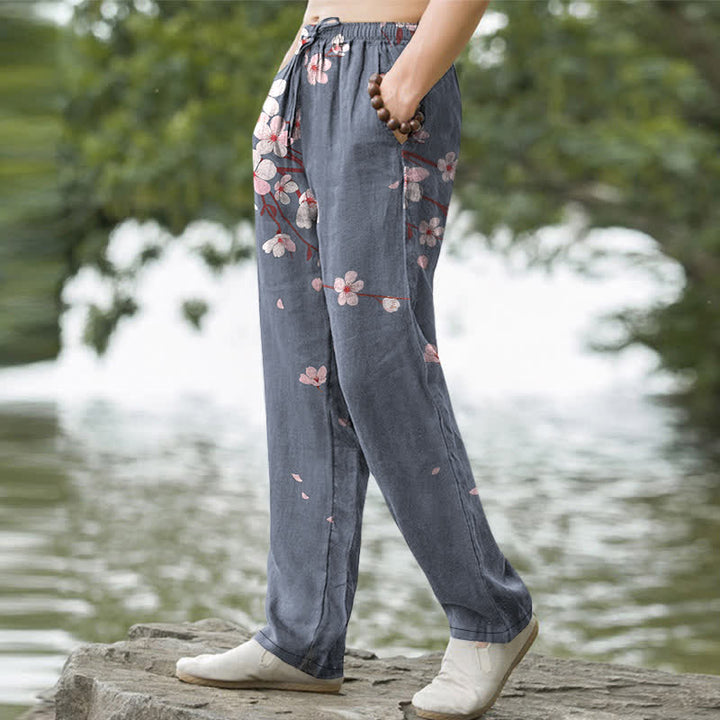 Buddha Stones Pantalon fuselé pour homme en coton rose à motif de fleurs de cerisier et poches - image 7