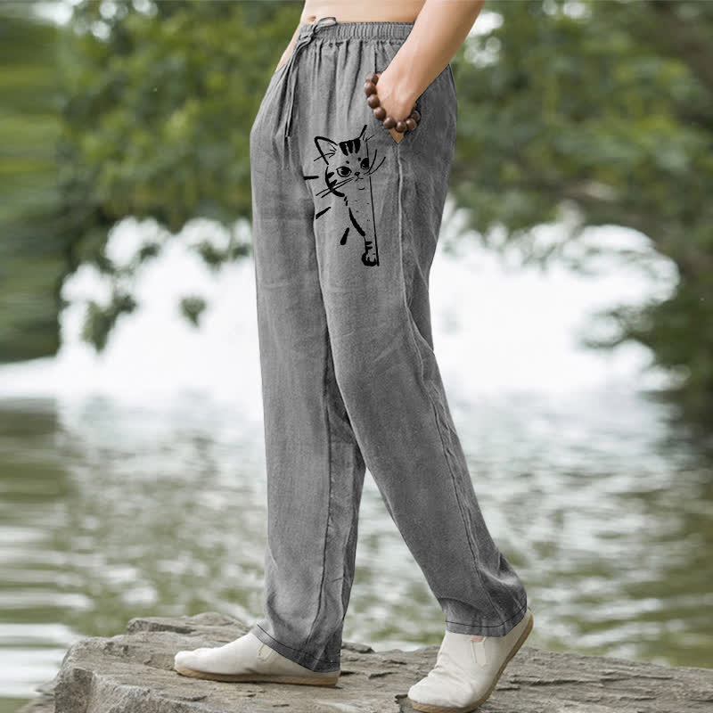 Buddha Stones Pantalon fuselé pour homme en coton à motif de chat noir avec poches - image 1