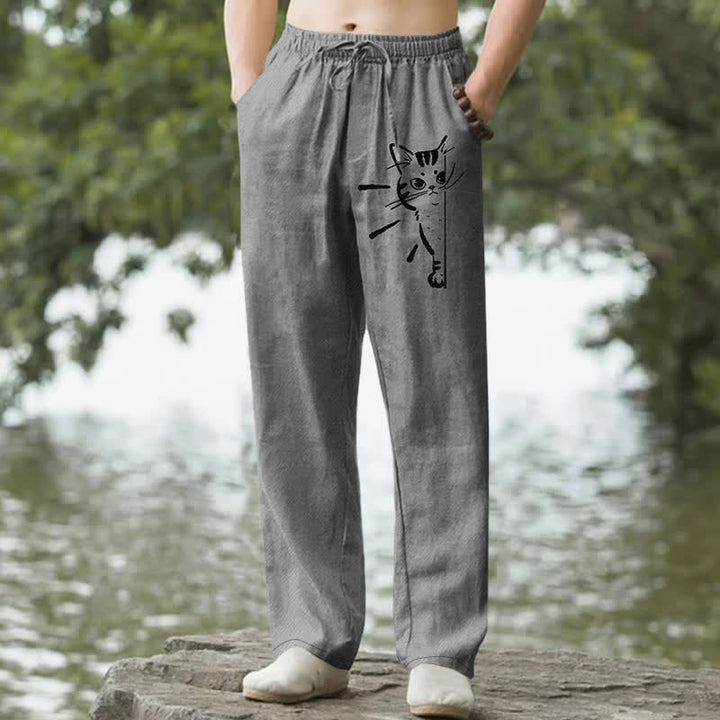 Buddha Stones Pantalon fuselé pour homme en coton à motif de chat noir avec poches - Gris - US/UK/AU50，EU60 (5XL) - image 0