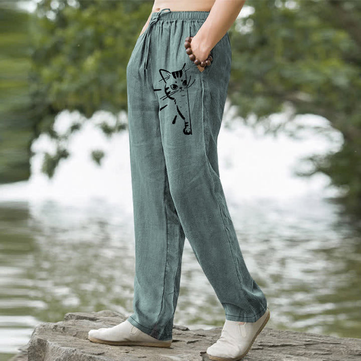 Buddha Stones Pantalon fuselé pour homme en coton à motif de chat noir avec poches - image 5