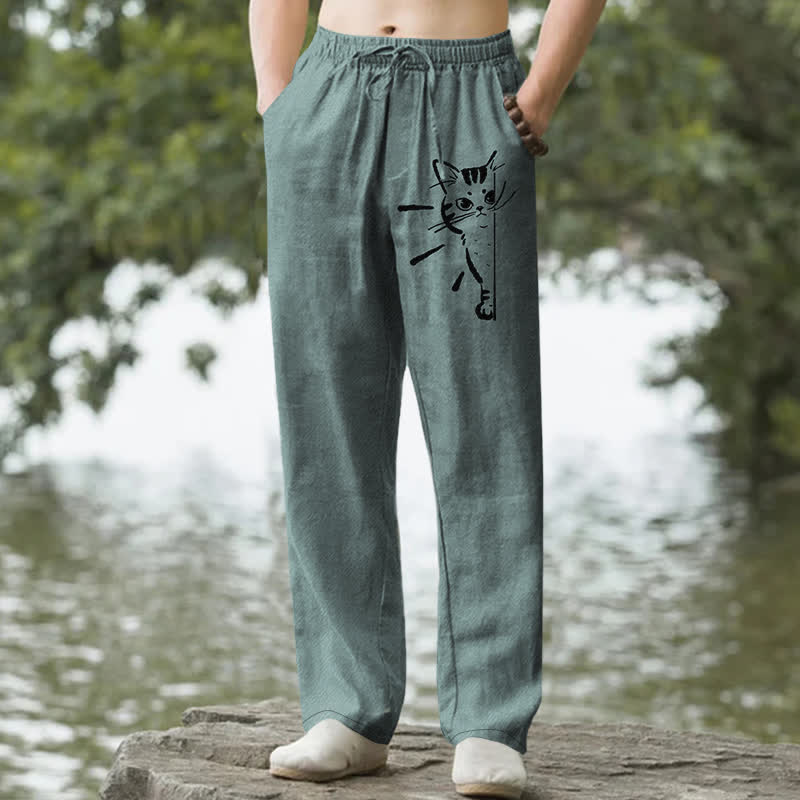 Buddha Stones Pantalon fuselé pour homme en coton à motif de chat noir avec poches - CadetBlue - US/UK/AU50，EU60 (5XL) - image 4