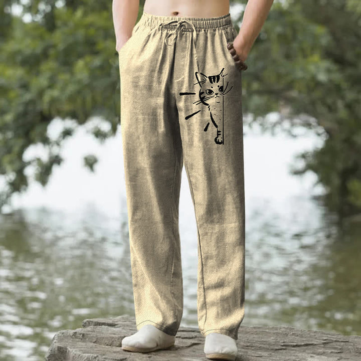 Buddha Stones Pantalon fuselé pour homme en coton à motif de chat noir avec poches - Kaki - US/UK/AU50，EU60 (5XL) - image 6
