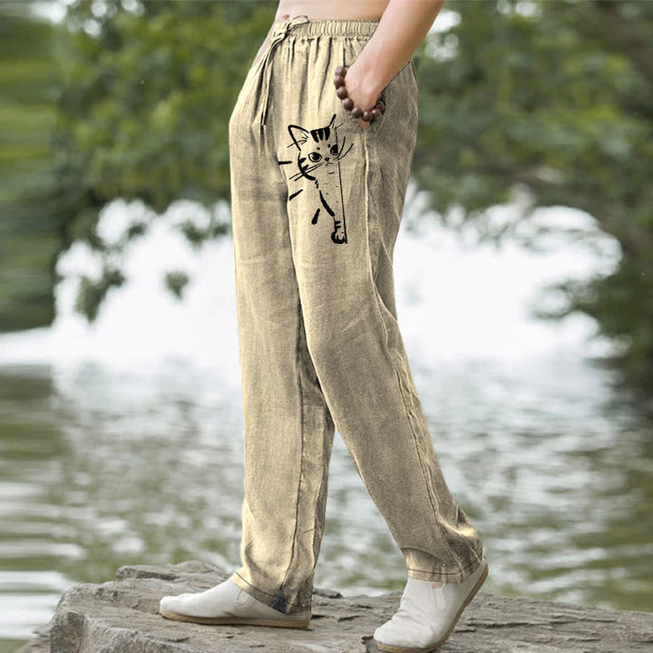 Buddha Stones Pantalon fuselé pour homme en coton à motif de chat noir avec poches - image 7