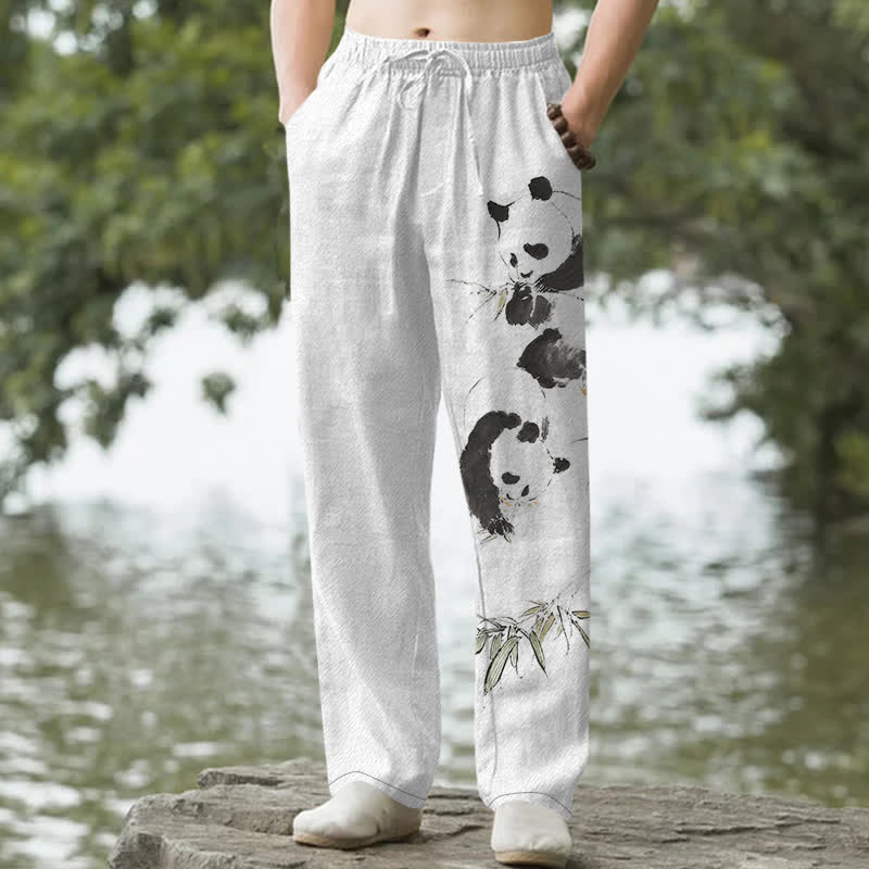 Buddha Stones Pantalon fuselé pour homme avec poches, motif panda et bambou, en coton encre - Blanc - US/UK/AU50，EU60 (5XL) - image 0