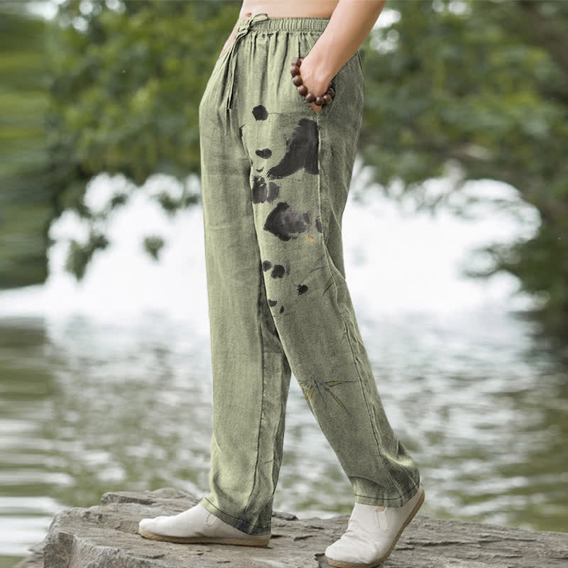 Buddha Stones Pantalon fuselé pour homme avec poches, motif panda et bambou, en coton encre - image 5