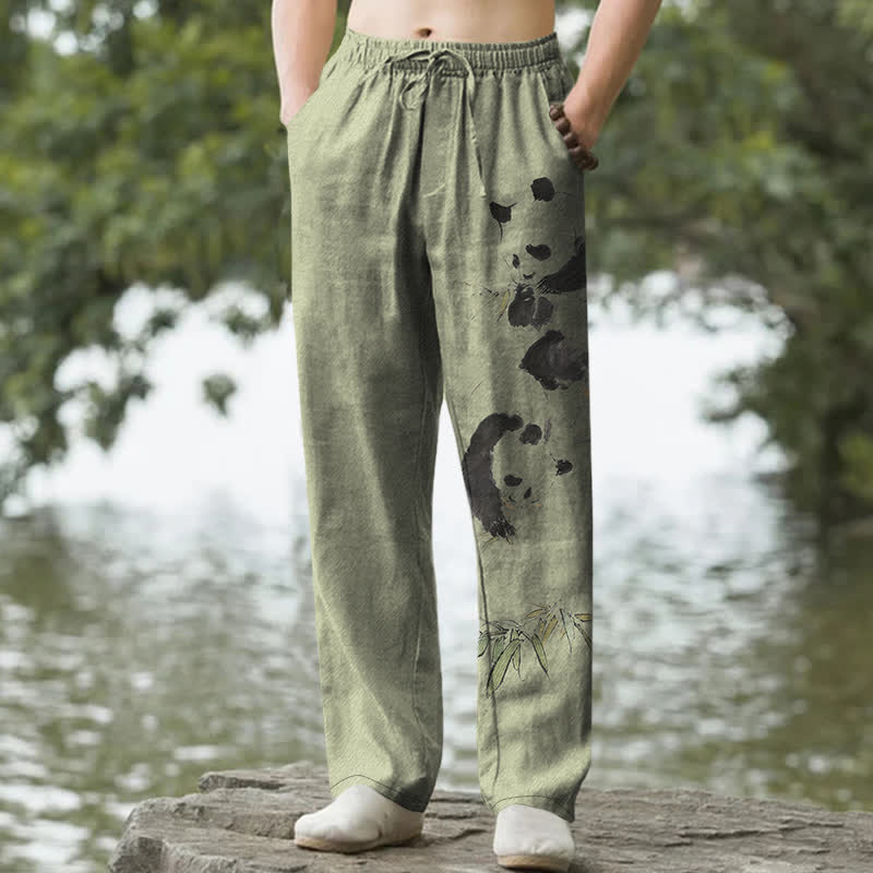Buddha Stones Pantalon fuselé pour homme avec poches, motif panda et bambou, en coton encre - Vert olive - US/UK/AU50，EU60 (5XL) - image 4