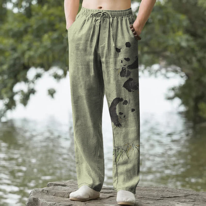 Buddha Stones Pantalon fuselé pour homme avec poches, motif panda et bambou, en coton encre - Vert olive - US/UK/AU50，EU60 (5XL) - image 4