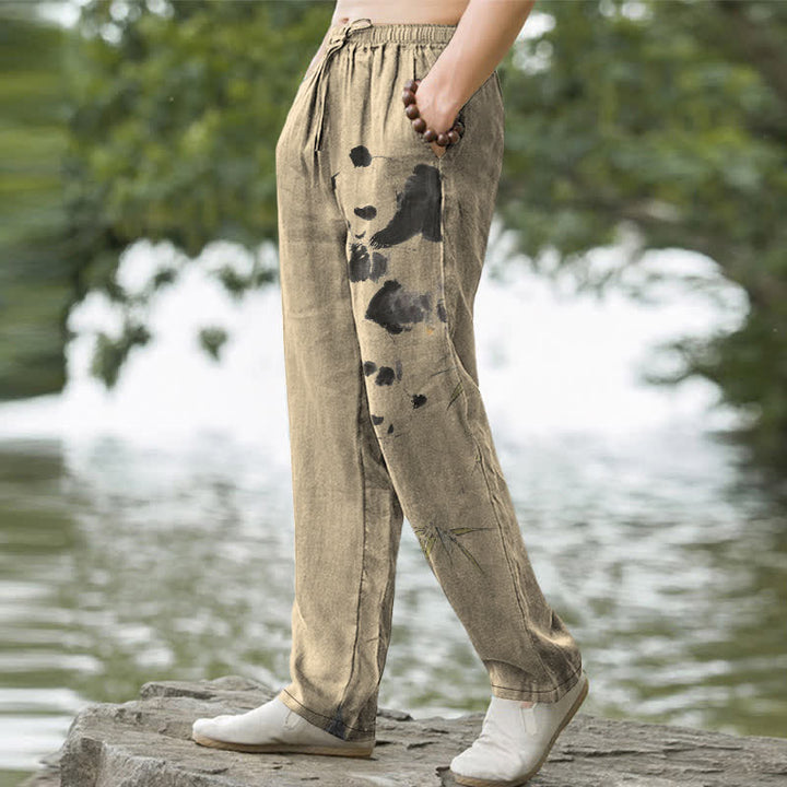 Buddha Stones Pantalon fuselé pour homme avec poches, motif panda et bambou, en coton encre - image 7