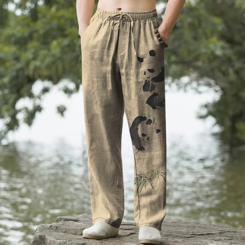 Buddha Stones Pantalon fuselé pour homme avec poches, motif panda et bambou, en coton encre - Tanné - US/UK/AU50，EU60 (5XL) - image 6