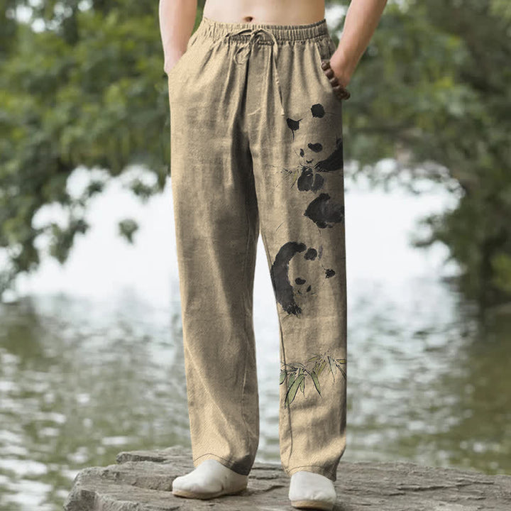 Buddha Stones Pantalon fuselé pour homme avec poches, motif panda et bambou, en coton encre - Tanné - US/UK/AU50，EU60 (5XL) - image 6
