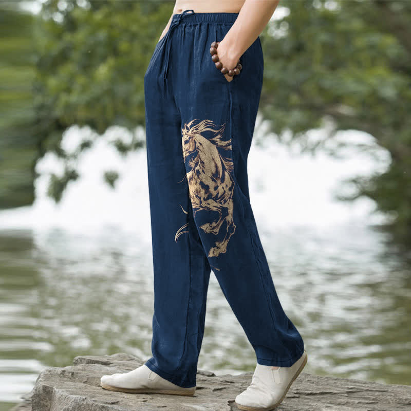 Buddha Stones Pantalon fuselé pour homme en coton à motif de cheval au galop doré, avec poches - image 1