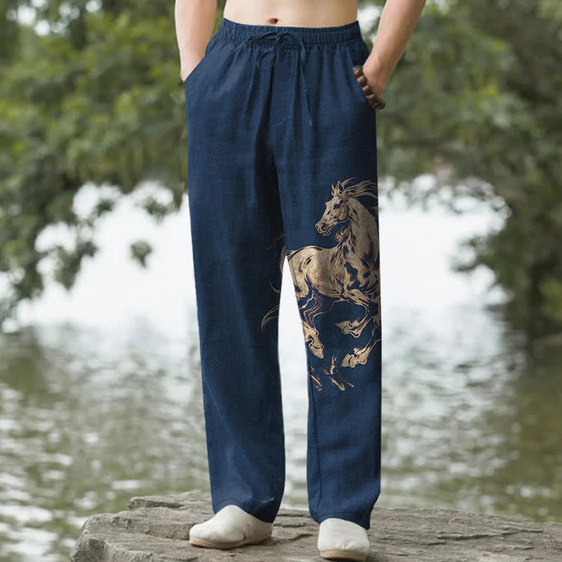 Buddha Stones Pantalon fuselé pour homme en coton à motif de cheval au galop doré, avec poches - Marine - US/UK/AU50，EU60 (5XL) - image 0
