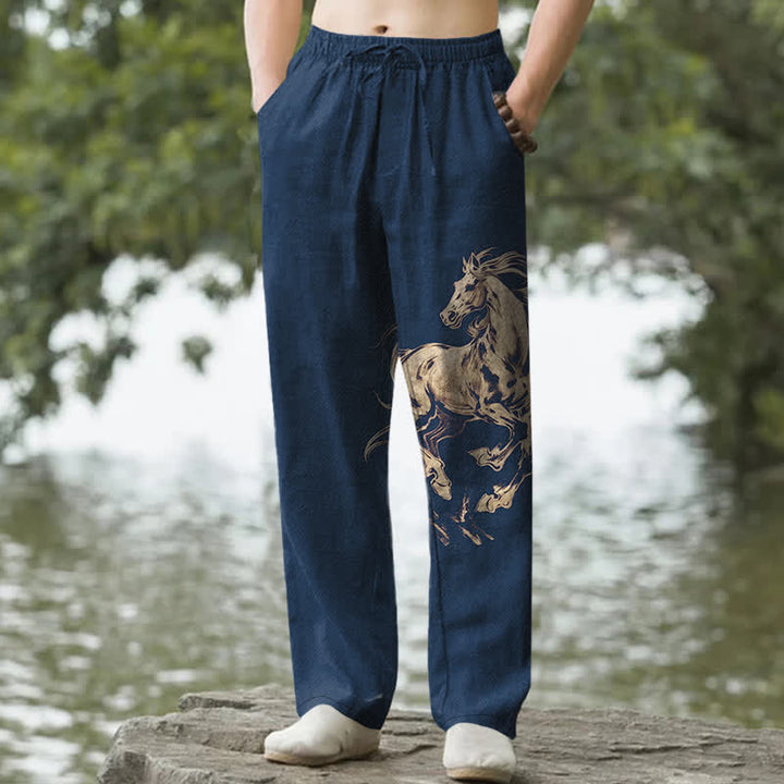 Buddha Stones Pantalon fuselé pour homme en coton à motif de cheval au galop doré, avec poches - Marine - US/UK/AU50，EU60 (5XL) - image 0