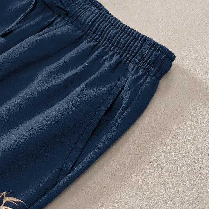 Buddha Stones Pantalon fuselé pour homme en coton à motif de cheval au galop doré, avec poches - image 2