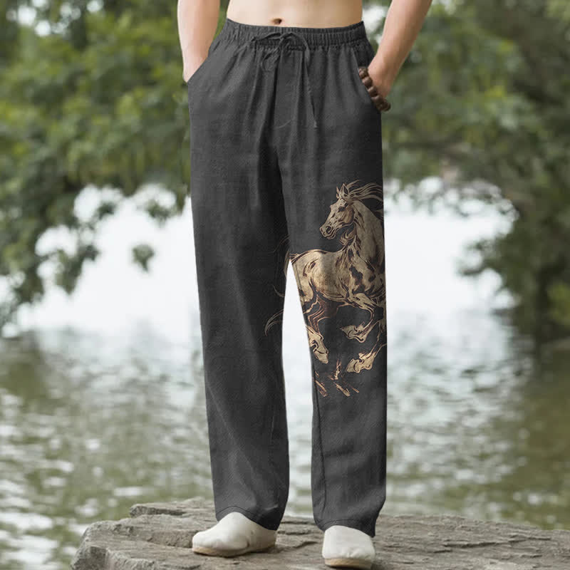 Buddha Stones Pantalon fuselé pour homme en coton à motif de cheval au galop doré, avec poches - Noir - US/UK/AU50，EU60 (5XL) - image 4